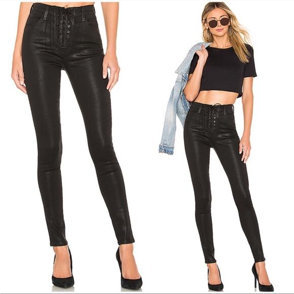 J Brand Steph Shep Coated Vendetta Lace Up High Rise Black Skinny Jeans